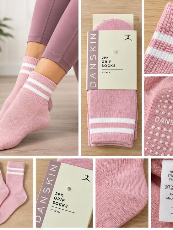 Danskin Accessories - Danskin Pink Crew Grip Socks with White Stripe - 2 Pack